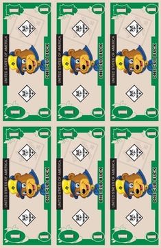 four dollar bills with cartoon bears on them