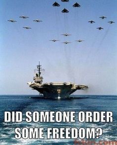 an image of a navy ship with jets flying in the sky above it that says did someone order some freedom?