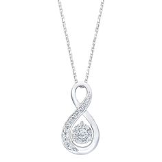 Add a touch of sparkle to any outfit with this stunning .30 CTW 14K white gold pendant.  This is the perfect necklace for showing off your sophisticated sense of style, or to gift to a loved one for a birthday, anniversary, holiday, or other special occasion. Crafted in shining 14K gold, this pendant is both classic and trend-forward, making it the perfect addition to your everyday outfits.  The dazzling high-polished finish catches the light with every movement, ensuring a big impact from any angle.  Round diamonds make up the center of the pendant, surrounded by a white gold infinity symbol.   Fine craftsmanship lends extra wearability to this necklace in terms of both comfort and durability, ensuring that you will be wearing it for years to come.  The construction ensures that the penda Diamond White Infinity Necklace, White Gold Infinity Necklace With Cubic Zirconia, Infinity-shaped Brilliant Cut White Gold Jewelry, White Gold Infinity Jewelry With Brilliant Cut, Diamond White Infinity Necklace With Diamond Accents, Infinity White Gold Diamond Jewelry, Elegant Infinity Necklace With Brilliant Cut, Silver Infinity Jewelry With Brilliant Cut, White Gold Infinity Jewelry For Formal Occasion