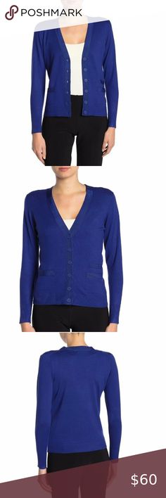 T Tahari Grosgrain Ribbon Trim V-Neck Cardigan Style #TH94343NR Tonal grosgrain ribbon trim elevates this V-neck cardigan with a sophisticated style. - V-neck - Long sleeves - Front button closure - 3 front welt pockets - Grosgrain ribbon trim - Approx. 24" length (size S) - Imported Fiber Content 80% viscose, 20% nylon T Tahari Sweaters Cardigans Elegant Stretch V-neck Cardigan, Chic Spring V-neck Sweater For Workwear, Blue Stretch V-neck Cardigan, Elegant Fitted V-neck Cardigan, Chic V-neck Cardigan For Formal Occasions, Casual Cardigan For Office, Fitted V-neck Sweater For Spring Layering, Spring Fitted V-neck Sweater For Layering, Chic V-neck Cardigan For Layering