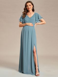 A-Line Ruffles Sleeve Front Slit Pleated Chiffon Maternity Dress #color_Dusty Blue Infinity Gown, Exclusive Gowns, 2023 Mood, Pleated Chiffon, Maternity Gowns, Long Bridesmaid Dress, Dress Dusty