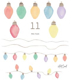 watercolor christmas ornament cliparts with string lights on white paper and text that says 11 png files