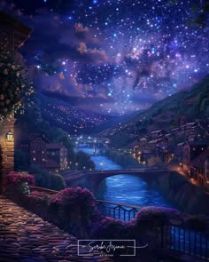 the night sky is filled with stars and lights above a river that runs through town