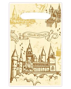 a paper bag with an image of a castle and a banner on the front that says hello wizard