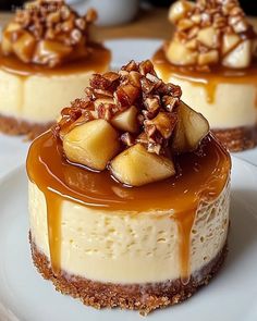 three cheesecakes with caramel sauce and nuts on top are sitting on a white plate