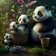 three panda bears are sitting in a potted plant with flowers and plants around them