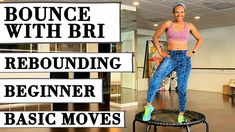 a woman standing on top of a trampoline with the words bounce with bri re