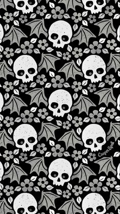 a black and white background with skulls, flowers and bats on it's sides