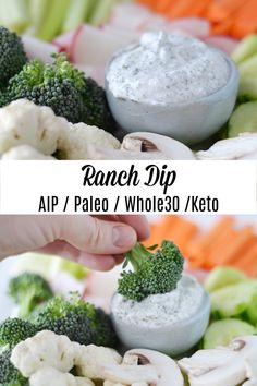 broccoli and cauliflower being dipped into ranch dip