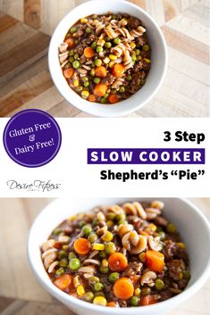 three different bowls filled with food on top of a wooden table and the words, slow cooker shepherd's pie?