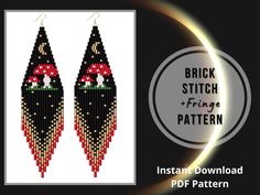 a pair of black and red earrings with the words brick stitch fringe pattern