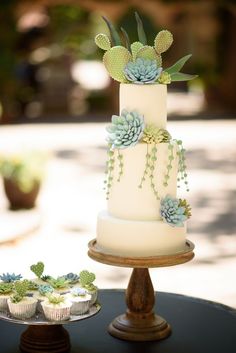 a three tiered wedding cake with succulents on top and cupcakes below