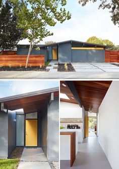 two pictures of a modern house with wood and metal sidings on the roof, side by side