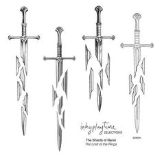 three different types of swords are shown in this drawing