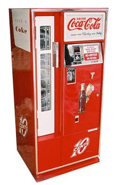 an old fashioned coca cola machine is shown in red and white with the door open