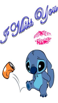 an image of a cartoon character with the words i miss you in blue and red