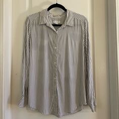 Liz Claiborne Grey And White Stripe Lightweight Button Down Shirt Large Never Worn Please Ask For More Pictures If Needed Classic Button-up Tops With Striped Collar, Fall Button-up Shirt With Striped Collar, Day Out Button-up Shirt With Striped Collar, Fall Button-up Blouse With Striped Collar, Day Out Shirt With Striped Collar Button-up, Button-up Blouse With Striped Collar For Fall, Button-up Shirt With Striped Collar For Day Out, Long Sleeve Blouse With Striped Collar For Day Out, White Button-up Blouse With Striped Collar