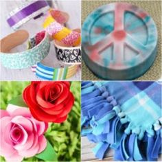 four pictures with different designs and colors of flowers, ribbons, and peace signs on them