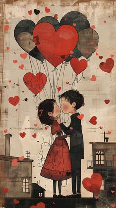 a couple kissing in front of some red and black balloons with hearts flying above them