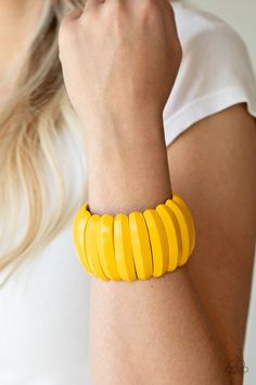 Painted in a sunny yellow finish, beveled wooden frames are threaded along stretchy bands around the wrist for a summery look.   Sold as one individual bracelet. Paparazzi Consultant, Yellow Bracelet, Yellow Jewelry, Wooden Bracelet, Wood Bracelet, Sunny Yellow, Jewelry Images, Paparazzi Accessories, Stretchy Bracelets