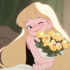 a cartoon girl with long blonde hair holding a bouquet of yellow roses in her hand