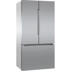 a silver refrigerator freezer sitting on top of a white wall