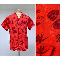 * Hawaiian shirt c 1960s * Cotton fabric * Anthurium, Bird of Paradise, shields, and other tropical motifs in maroon on red background * Small spread collar  * Single patch pocket * Back yoke has action pleats for comfort * Short, set-in sleeves are notched at hem * 5 coconut shell buttons * Squared-off hem with 2" side vents Missing label Very good condition. One minor repair has been made. A pinhole above the breast pocket was repaired by fusing fabric from inner seam. Virtually impossible to Tropical Motifs, Surfer Shirt, Surfer Print, Motif Tropical, Bird Of Paradise, Shell Buttons, Coconut Shell, Beautiful Blouses, Birds Of Paradise