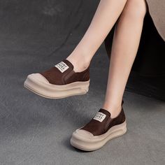 Gender: Women Type: Casual Shoes Main Materials: Cowhide Insole: Pigskin Sole: Rubber Type of Closure:... Brown Closed Toe Slip-ons With Textured Sole, Suede Flats With Round Toe, Trendy Brown Slip-on Flats, Beige Slip-on Low-top Leather Shoes, Suede Slip-ons With Rubber Sole, Brown Round Toe Slip-ons For Spring, Brown Flat Platform Sneakers, Slip-on Platform Loafers With Closed Toe, Beige Slip-ons With Rubber Sole