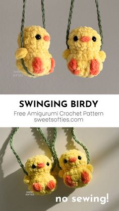 two crocheted birds hanging from strings with the words swinging birdy written below