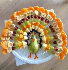 a turkey made out of fruit on a plate