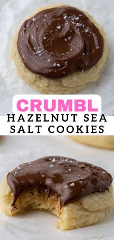 two cookies with chocolate frosting on them and the words crumbl ha zeinut sea salt cookies