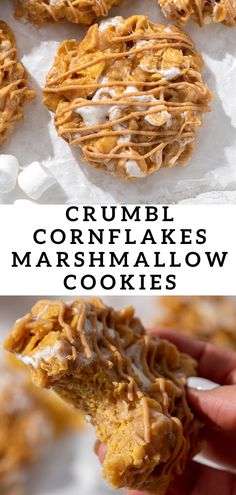 crumbl cornflake marshmallow cookies with white icing on top