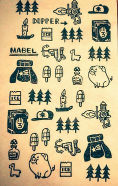 an image of some type of stickers on a piece of paper with trees and other things