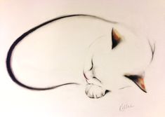 a drawing of a cat sleeping on top of a white sheet with its head turned to the side