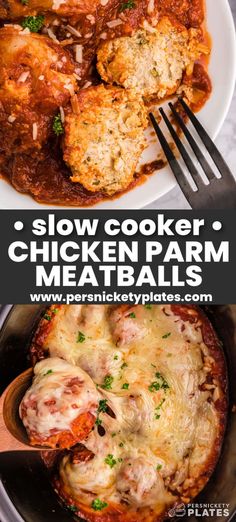 slow cooker chicken parm meatballs in a pan