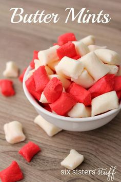 red and white sugar cubes in a bowl with text overlay that says butter mints