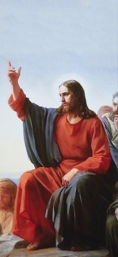 a painting of jesus sitting on the ground with his hands up in front of him