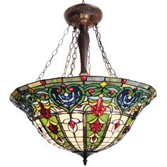 a stained glass chandelier hanging from the ceiling