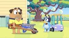 an animated dog is holding a wheelbarrow in front of another cartoon horse and car