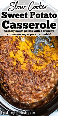 slow cooker sweet potato casserole in a crock pot with text overlay