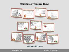 christmas treasure hunt with twelve cards and instructions for each card, including the elf's hat