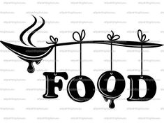 the word food hanging from a hook with an image of a frying pan on it