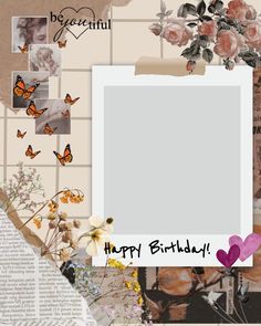 an image of a birthday card with flowers and butterflies on it, surrounded by newspaper pages