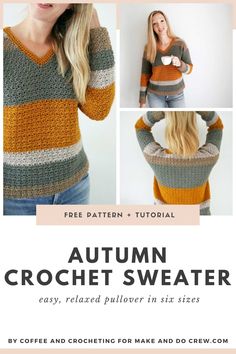 the autumn crochet sweater pattern is shown in three different colors