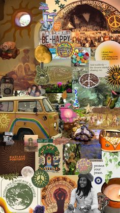 a collage of images with people and things in them, including a van parked on the street