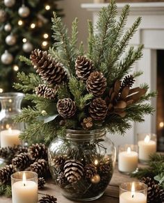 pine cones and candles are on the table