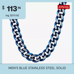 Features: Quick ShipJewelry Closure: Lobster ClaspLink Construction: SolidMetal Color: BlueChain Length: 22 InchChain Width: 10.5 MillimetersChain Construction: CurbCare: Wipe CleanMetal: Stainless SteelNecklace Type: Chain NecklacesCountry of Origin: Imported Blue Silver Chain Necklace As Gift, Blue Chain Link Metal Jewelry, Blue Stainless Steel Necklace With Adjustable Chain, Blue Stainless Steel Chain Jewelry, Curb Chain Necklace, Chain Necklaces, Curb Chain, Blue Man, Chains Necklace