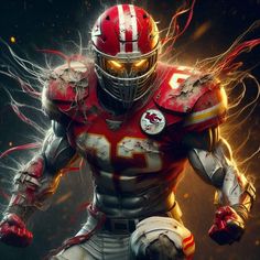 a football player wearing a red and white uniform with flames coming out of his chest