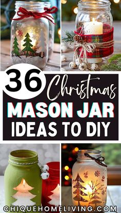 mason jars with christmas decorations and lights in them