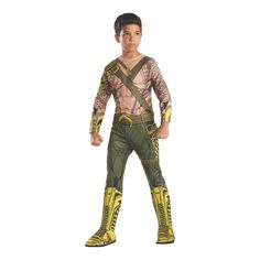 a young boy dressed up in a costume with yellow and green paint on his body